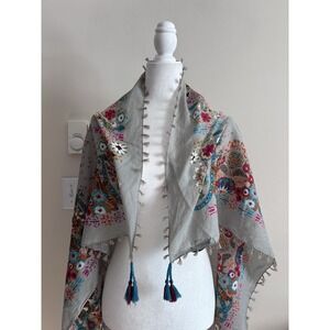 Peruvian Connection Cotton Fringe Scarf Shawl Floral Green Boho 40" x 40"